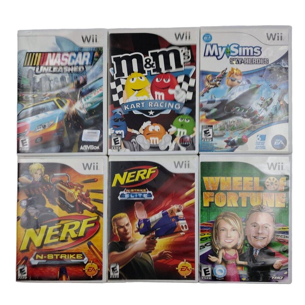 Wii 6 Game Lot Nascar M&M Kart Racing MySims NERF N-Strike Elite Wheel Fortune